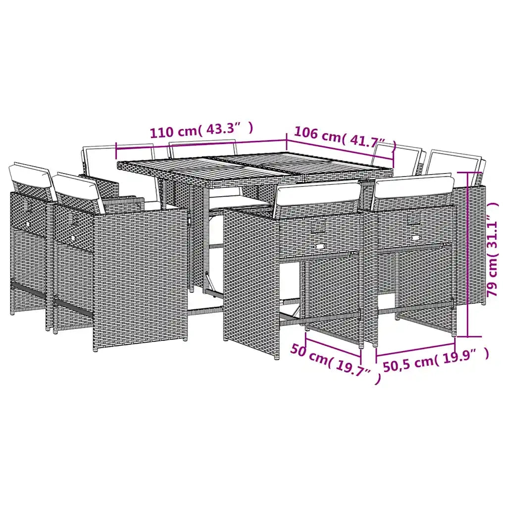 vidaXL Set da Pranzo da Giardino 9 pz con Cuscini in Polyrattan Grigio