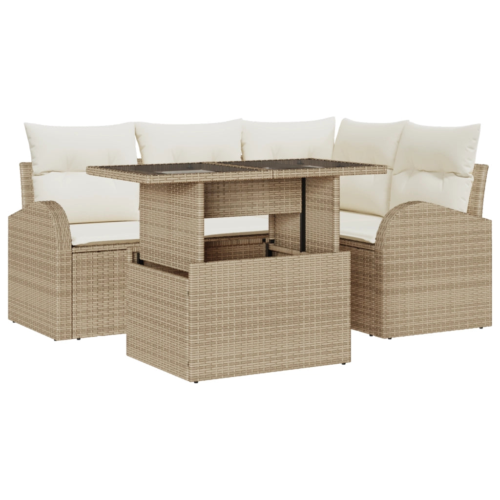 Set di Divano da Giardino a 5 Pezzi con Cuscini Beige in Rattan Sintetico