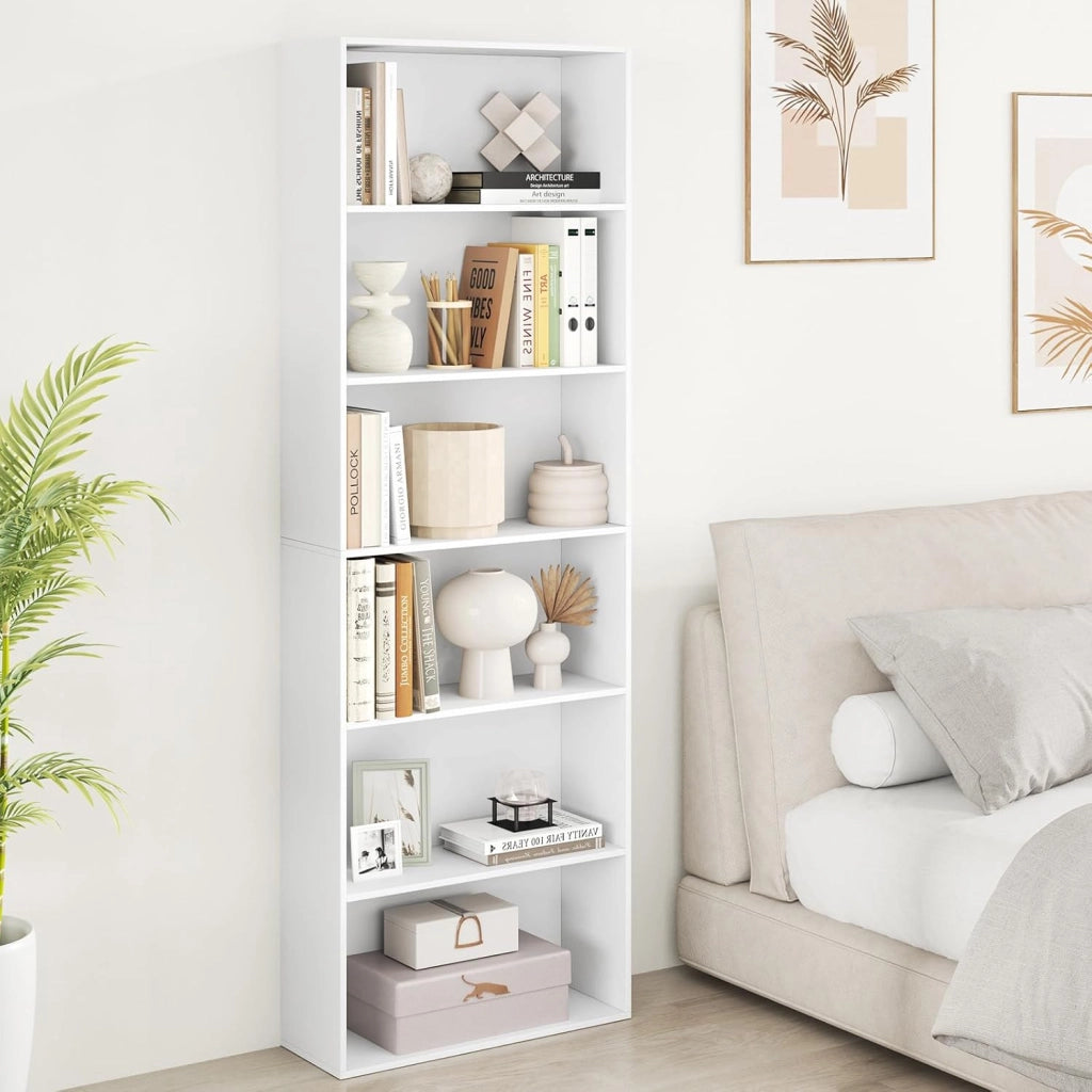 Libreria a 6 Livelli, Mobile Contenitore Aperto con 2 Kit Anti-Ribaltamento, Piedini Antiscivolo, Scaffale Moderno per Soggiorno, Camera da Letto e Ufficio, 660 x 23,5 x 178 cm (Bianco)