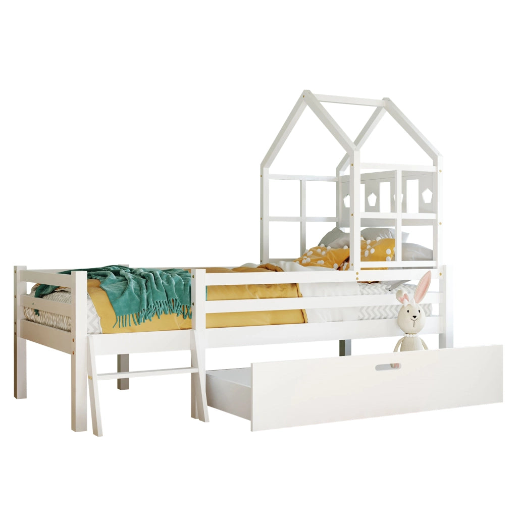 Letto a soppalco per bambini in legno massello con scala e cassetto, 90x200 cm, bianco