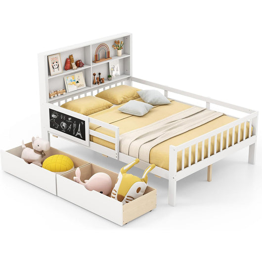 Letto matrimoniale con 2 cassetti, Legno per bambini con libreria e lavagna Bianco-Lettini per bimbi
