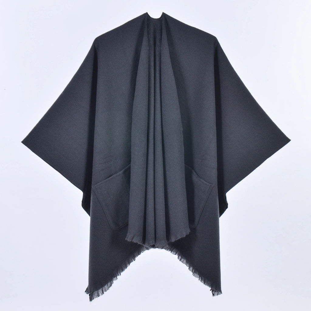 Nuovo scialle monocromatico con tasche per donna, versatile mantello con spacco e nappe