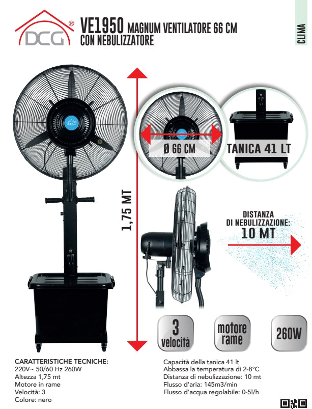 Dcg ve1950 ventilatore con nebulizzatore magnum 66cm, altezza 175cm 3 velocità