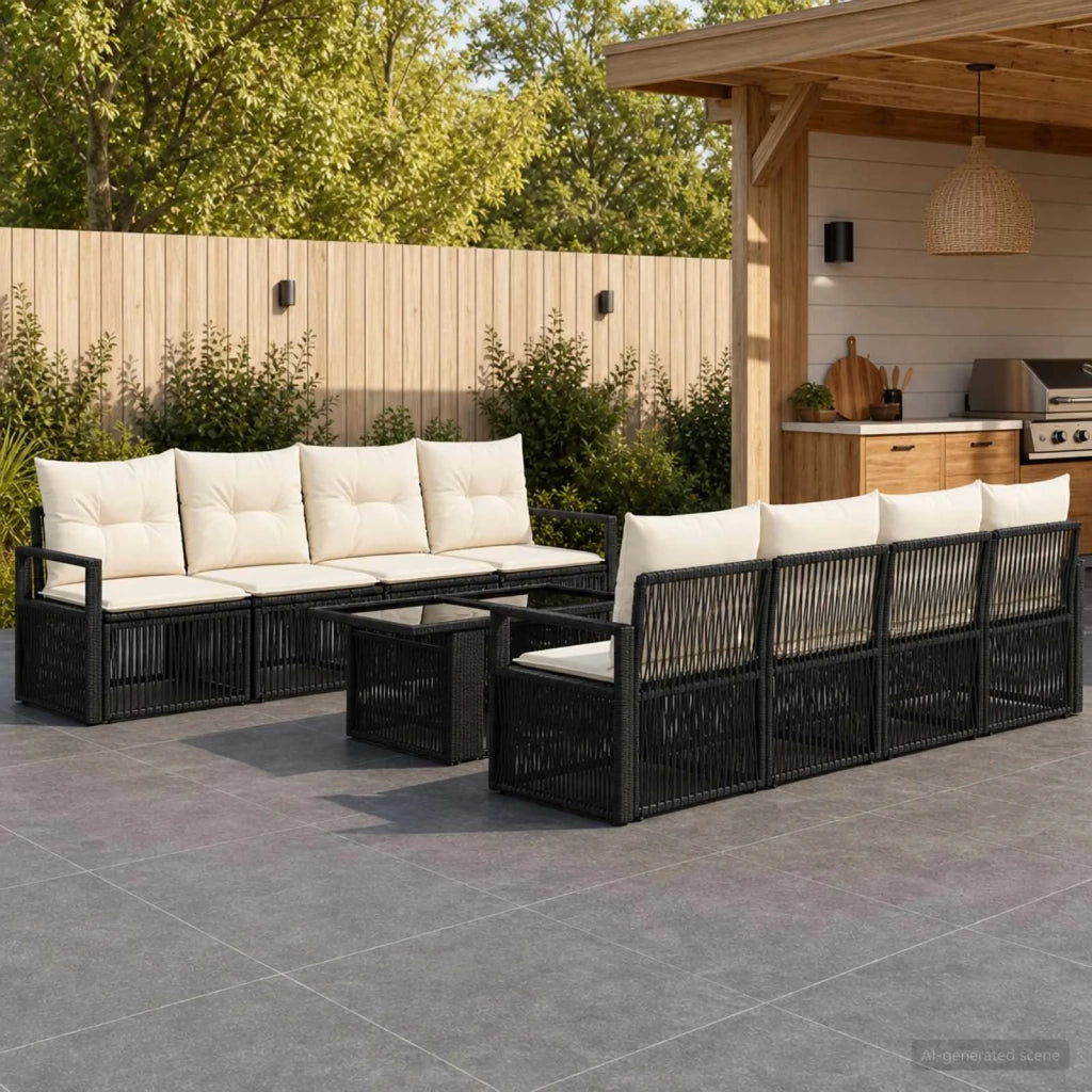 Set Divano da Giardino 9 pz Nero e Bianco Crema polyrattan 3437065