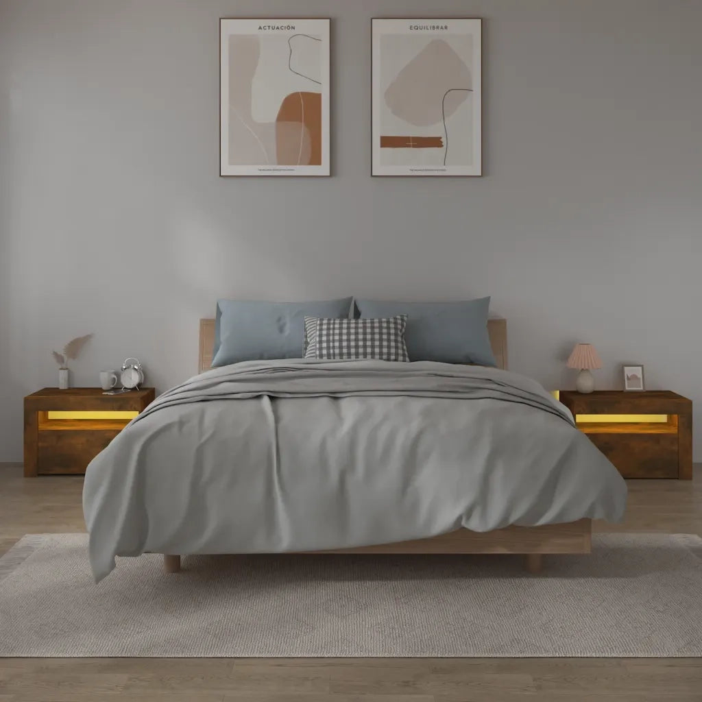 Comodini 2 pz con Luci LED Rovere Fumo 60x35x40 cm 3144972