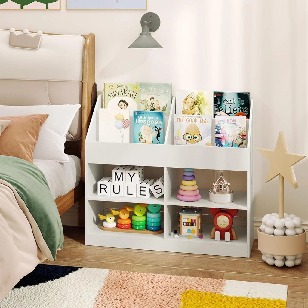 Libreria Montessoriana Porta Libri per Bambini, Scaffale Multifunzione con 4 Cubi e 4 Scomparti, Anti-ribaltamento, Salvaspazio per Cameretta e Stanza dei Giochi, 90x34x80 cm (Bianco)