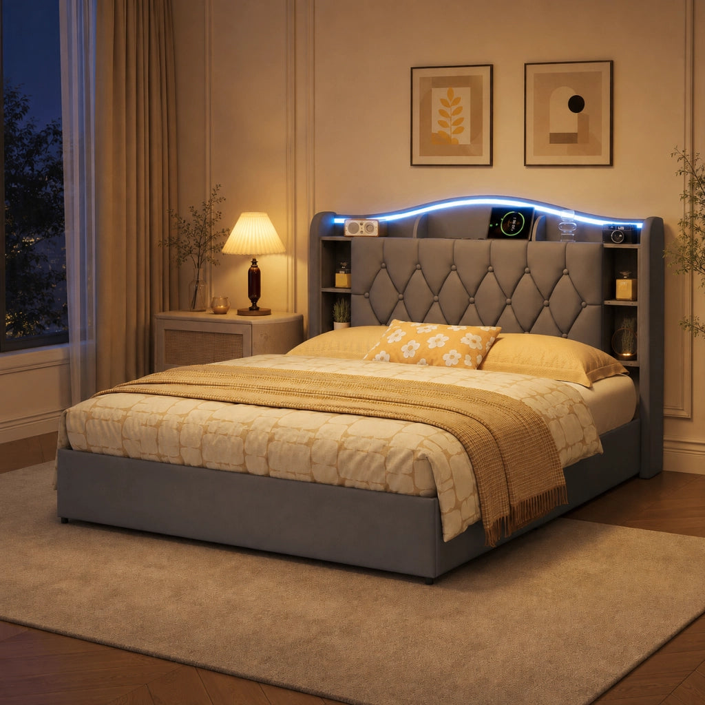 Letto matrimoniale con contenitore idraulico 140x200cm, testiera velluto grigio, luci LED RGB, ricarica USB‑wireless, scomparti porta‑oggetti