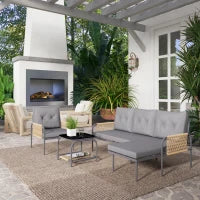 Salotto da Giardino 4 Pezzi in Rattan con Divano, Chaise Longue, Poltrona e Tavolino con Cuscini, Grigio