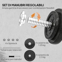 Set Pesi e Bilanciere da 20kg con Impugnature Antiscivolo, 8 Dischi Pesi, Barra Bilanciere e 2 Barre Manubri in Acciaio