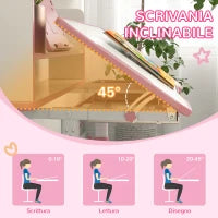 Set Scrivania per Bambini con Sedia Regolabile in Altezza e Piano Inclinabile, Età 6-12 Anni, Rosa