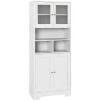 Credenza Cucina con 2 Armadietti e 3 Vani Aperti, Ante a Vetro e Ripiani Regolabili, 60x30x145.5 cm, Bianco