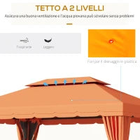Gazebo da Giardino 4x3m con Doppio Tetto e Tende Laterali, Arancione