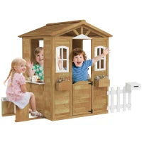 Casetta per Bambini in Legno con Finestre, Staccionata e Panca, 205x119x140 cm, Legno Naturale