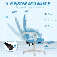 Sedia da Gaming Reclinabile con Poggiapiedi e Cuscini, in Finta Pelle e Spugna, 65x62x116-124 cm, Bianco e Rosa