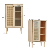 Credenza moderna in Legno con Ante Scorrevoli in Vetro e Rattan Sintetico a 6 ripiani Interni, color Quercia