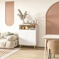 Credenza dal Design Scandinavo con Armadio a 2 Porte e Mensola Interna, Bianco e Legno