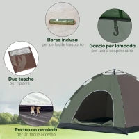 Tenda da Campeggio 2 Posti con Borsa da Trasporto, Ganci per Lampade e Tasche Portaoggetti, 210x210x135 cm