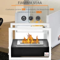 Camino a Bioetanolo Portatile, Biocamino da Tavolo o da Terra in Acciaio e Vetro, Serbatoio da 1.5L, Bianco e Nero