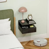 Comodino Sospeso per Camera da Letto con Cassetto e Ripiano Aperto in Legno, 35x32x22.5 cm, Nero Lucido