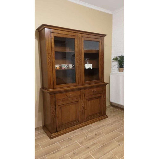 Cristalliera 4 ante 2 cassetti arte povera in legno massello e mdf con rifinitura noce Bassano 168x48x222 H