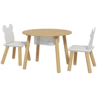 Set con Tavolo e 2 Sedie per Bambini con Schienale a Orsetto, Tavolino con Vano Contenitore, Bianco e Legno