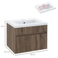 kleankin Mobile Lavabo da 60cm con Cassetto in Legno e Lavandino in Ceramica, Marrone Chiaro