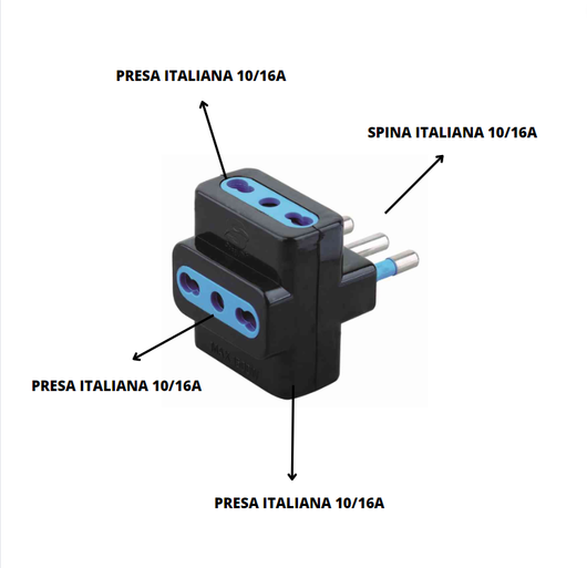 Adattatore triplo attacco grande nero 16 ampere ecova