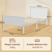 Struttura letto singolo in legno massiccio con doghe, testata e pediera, 100 x 210 cm Bianco