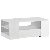 Tavolino da Salotto Moderno Lucido con 2 Cassetti, 2 Ripiani e Illuminazione LED, Bianco