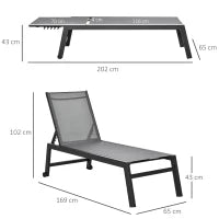 Lettino Sdraio Prendisole in Alluminio e Texteline Schienale Regolabile, Grigio e Nero, 2 Ruote 169x65x102cm