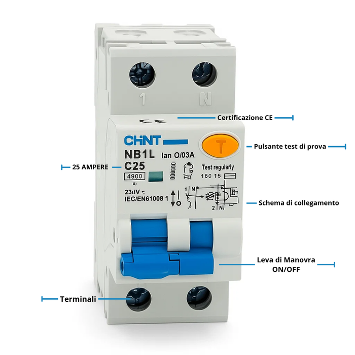 Chint serie nb1l1 interruttore magnetotermico differenziale 1p+n alta protezione *** ampere 25 ampere, confezione 1