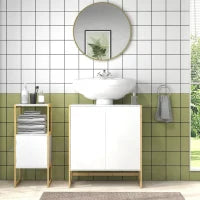 Mobile Sottolavabo Bagno con 2 Ante a Pressione in Bambù e MDF con Intaglio a U, 70x33x79.5cm, Bianco
