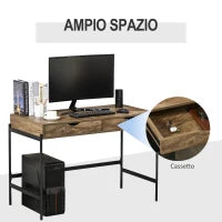 Scrivania Moderna Stile Industriale con 2 Cassetti per Camera e Ufficio, Metallo e MDF, 110x55x75cm, Nero Marrone