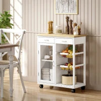 Carrello da Cucina in Bambù con 2 Cassetti, Armadietto, Ripiano e 2 Cestini in Acciaio, 67x35x80 cm, Bianco