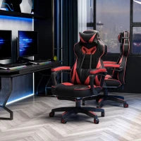 Sedia da Ufficio Ergonomica, Sedia da Gaming, Sedia Girevole con Poggiapiedi Retraibile e Schienale Regolabile in Schiuma, Pelle PU e Metallo, 65 x 70 x 118.5-128.5 cm, Nero e Rosso