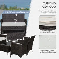 Salottino da giardino esterno Set 4 Pzi:1 Divano/2 Poltrone/1 Tavolino, Set da Giardino in Rattan,  Caffè Scuro e Bianco