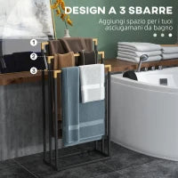 kleankin Portasciugamani a 3 Sbarre in Bambù e Acciaio con Design Autoportante, 45x22.5x86 cm