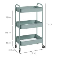 Carrello da Cucina a 3 Livelli con Maniglie e 4 Rotelle, in Acciaio, 45x30.6x79 cm, Azzurro