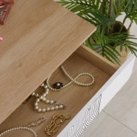 Toeletta Tavolo da Trucco con Specchio Circolare Ф39cm, Consolle Trucco con Cassetto con Decorazione Jungle, Bianco e Rovere, 70x39x119-128cm