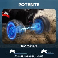 Quad Elettrico per Bambini 12V, 2 Velocità, Ruote Larghe con Clacson e Fari LED, Età 3-5 Anni, Rosso