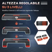 Step Fitness per Aerobica Regolabile su 3 Altezze 10-15-20 cm in Plastica, Nero e Rosso