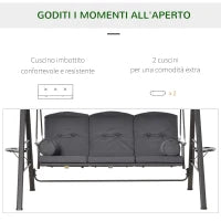 Dondolo da Giardino 3 Posti con Tetto Regolabile, Portabicchieri e Cuscini, 208x120x172 cm, Grigio