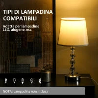 Lampada da Tavolo con Cristalli e Porta USB, in Metallo, Vetro e Poliestere, Ø23x45 cm, Bianco e Argento