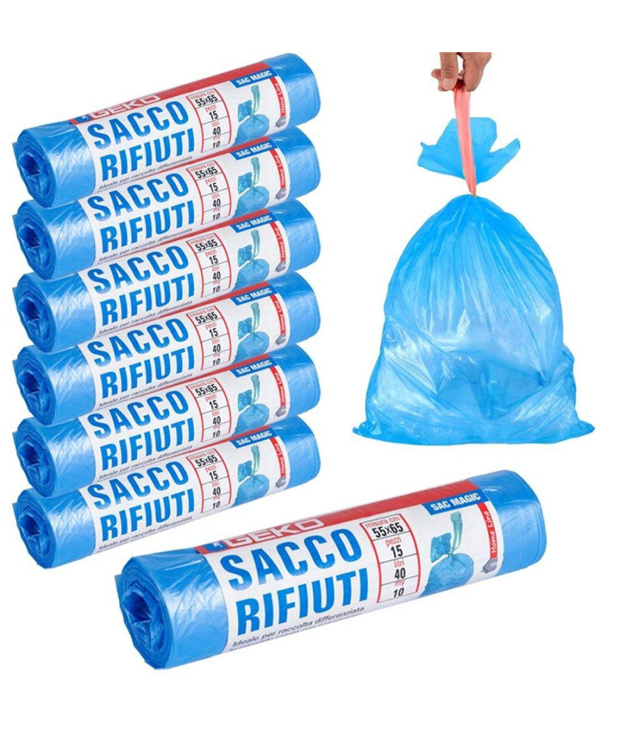 7x Rotoli Sacchetti Buste Spazzatura 40lt 55x65 Chiusura Laccetto Azzurro 105pz         