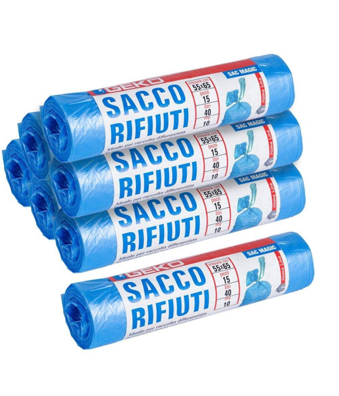 7x Rotoli Sacchetti Buste Spazzatura 40lt 55x65 Chiusura Laccetto Azzurro 105pz         