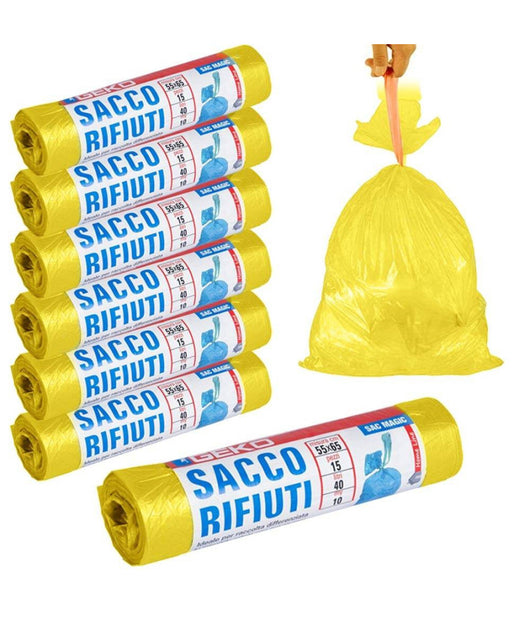 7x Rotoli Sacchetti Buste Spazzatura 40lt 55x65cm Chiusura Laccetto Giallo 105pz         