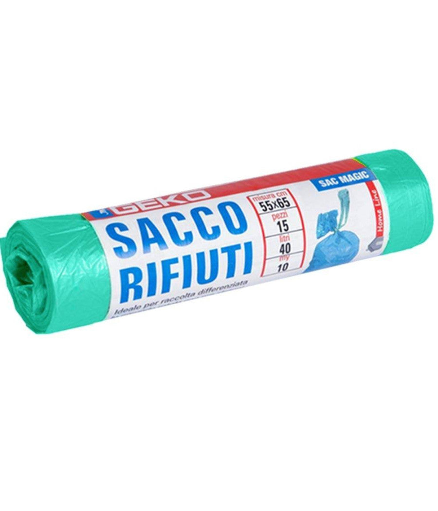 7x Rotoli Sacchetti Buste Spazzatura 40lt 55x65cm Chiusura Laccetto Verde 105pz         