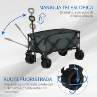 Carrello da Giardino Carico max 70kg con Maniglia Telescopica, in Metallo e Tessuto Oxford, 108x55 cm, Grigio