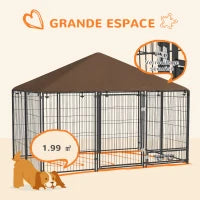 Kennel da Esterno per Cani in Acciaio e Tessuto Oxford con Supporto Ciotola e Tetto Resistente alle Intemperie, Spazioso, Marrone