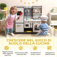 Cucina Giocattolo per Bambini 3-8 Anni in Legno con Accessori, Frigo, Lavandino e Manopole con Suoni, Marrone